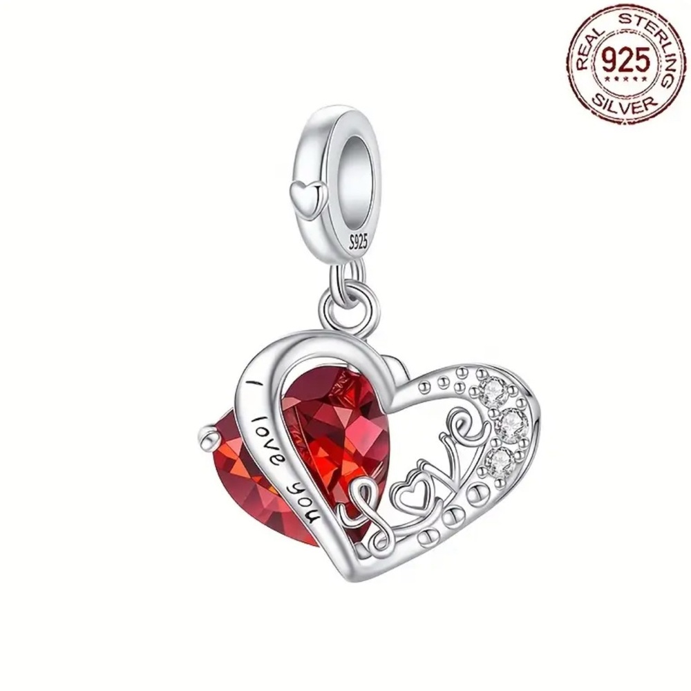 2️⃣ for $25 
Charm / Sterling Silver “I love you” Heart Charm with Red Crystal